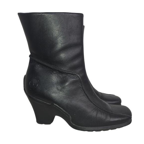 Timberland Boots Womens Size 9M Black Leather Ankle Heeled Zip Square Toe 98347 - Picture 1 of 15
